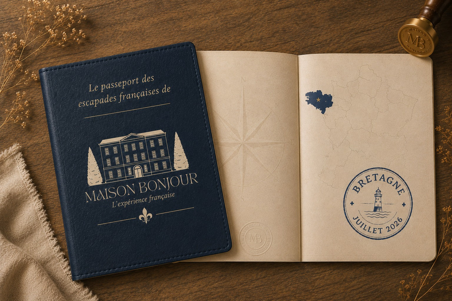 Le Passeport Maison Bonjour ouvert   la carte de France avec la Provence activée et le tampon Provence · Août 2026