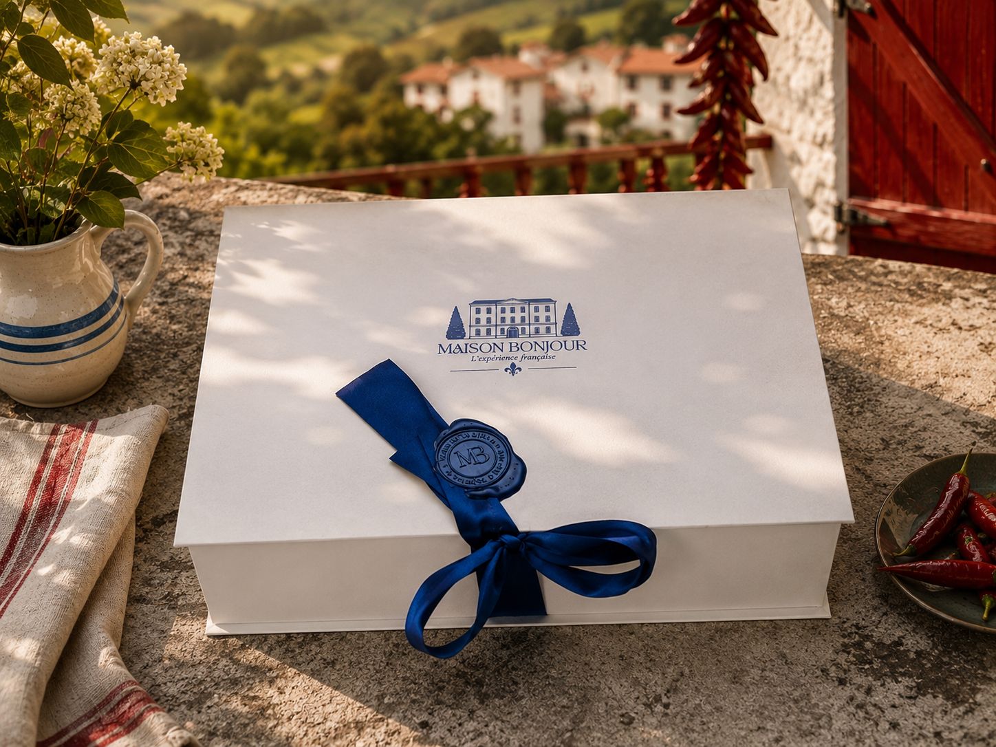 Cutia Maison Bonjour, ediția Pays Basque, închisă și legată, gata să fie deschisă.